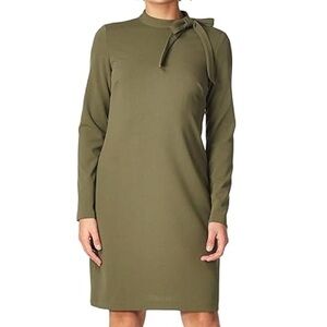 Calvin Klein Women 10 Olive Green Woven Tie Mock Neck Long Sleeve Shift Dress